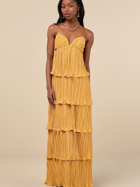 Lulus Dresses & Skirts - Lulu's Women’s Marigold Tiered Pleated Maxi Wedding Guest Dress Small